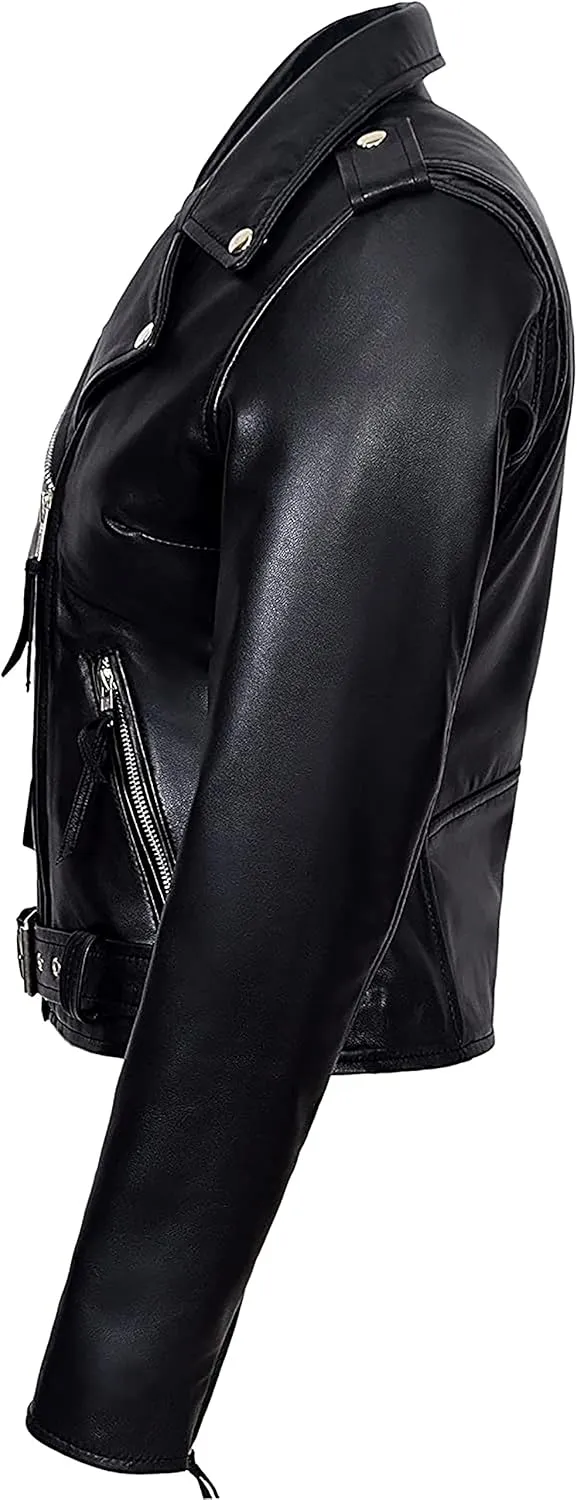 Valentine Romance Ladies Black With Red Lining Real Leather Brando Fitted Urban Look Biker Jacket