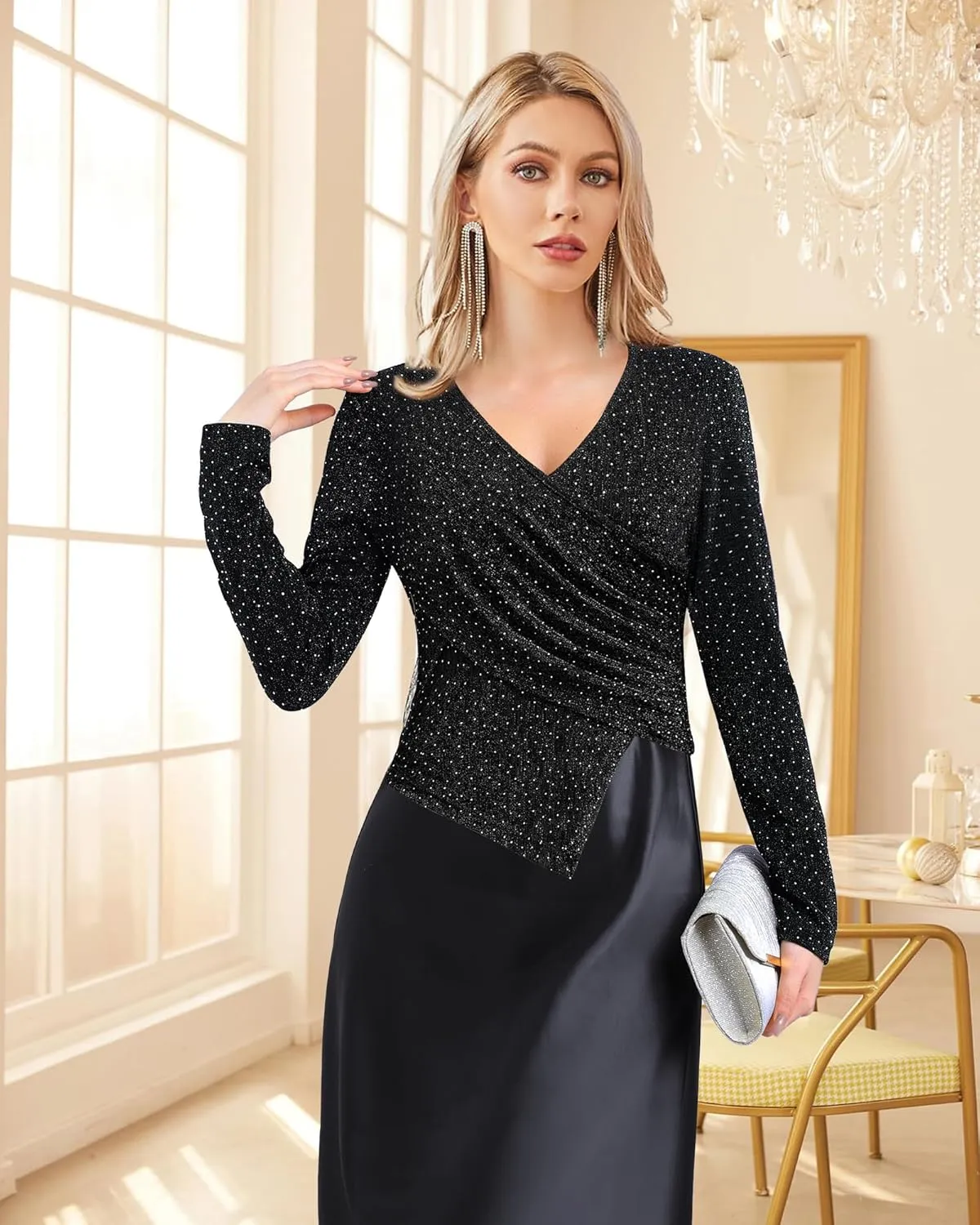 VALOLIA Womens Sparkly Tops Rhinestone Shiny Long Sleeve Ruched Asymmetrical Sparkle Blouses Cocktail Party Evening Shirts