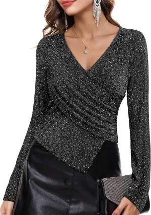 VALOLIA Womens Sparkly Tops Rhinestone Shiny Long Sleeve Ruched Asymmetrical Sparkle Blouses Cocktail Party Evening Shirts