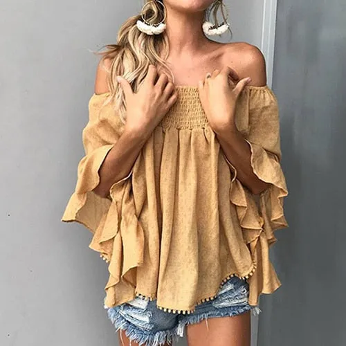 VenusFox Ruffles Off Shoulder Casual Boho Blouses