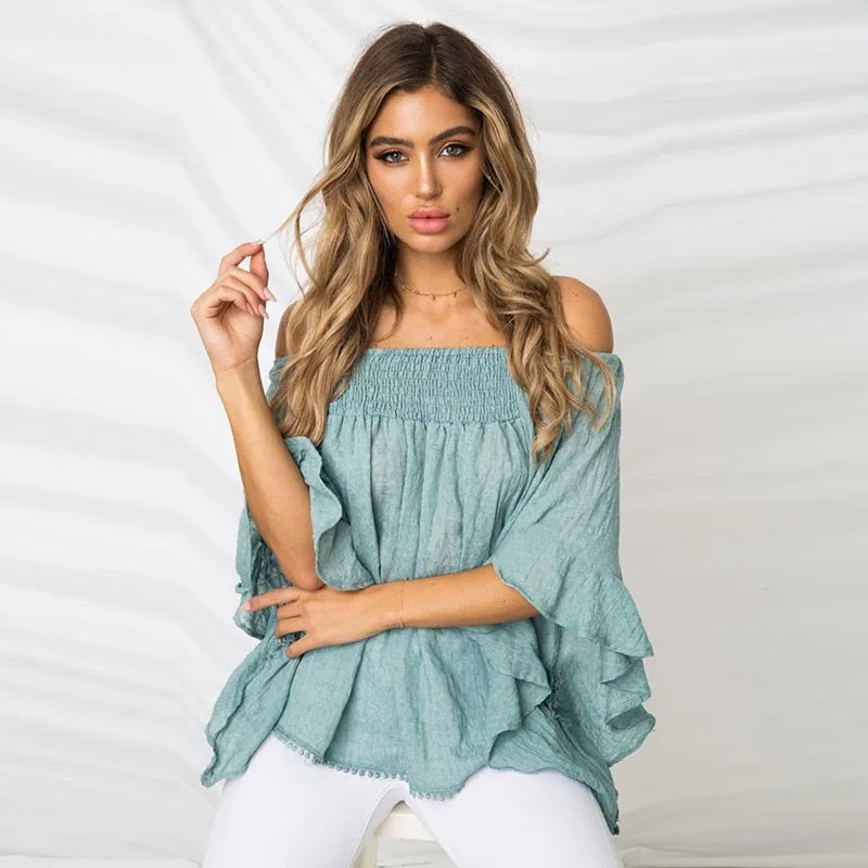 VenusFox Ruffles Off Shoulder Casual Boho Blouses