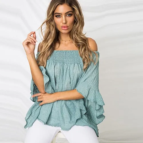 VenusFox Ruffles Off Shoulder Casual Boho Blouses