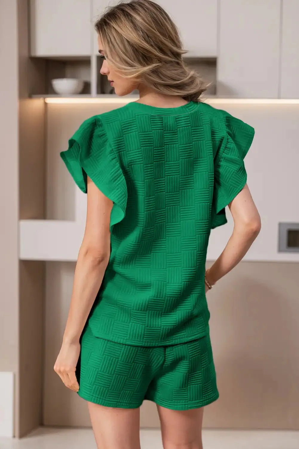Vibrant Green Ruffled Sleeve Tee and Shorts Set