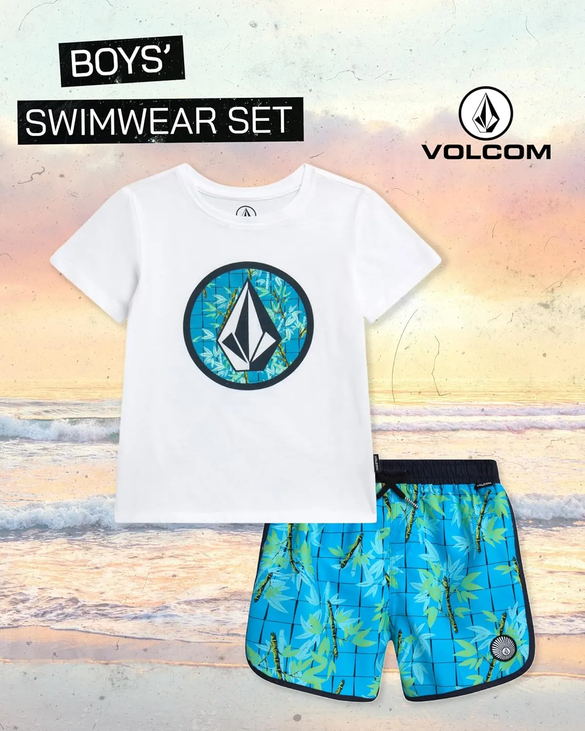 Volcom Baby Boys Swim Set - 2 Piece Short Sleeve Swim Shirt Graphic Tees & Board Shorts - Infant Toddler Little Boys Swimsuit