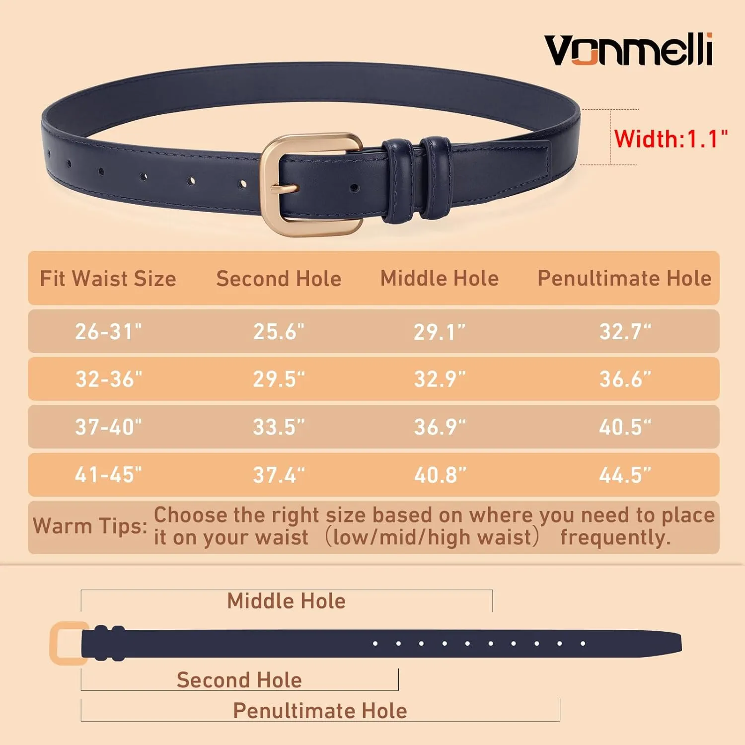 VONMELLI Leather Belts for Women Fashion Wasit Ladies Belt for Jeans Pants Dresses with Pin Buckle