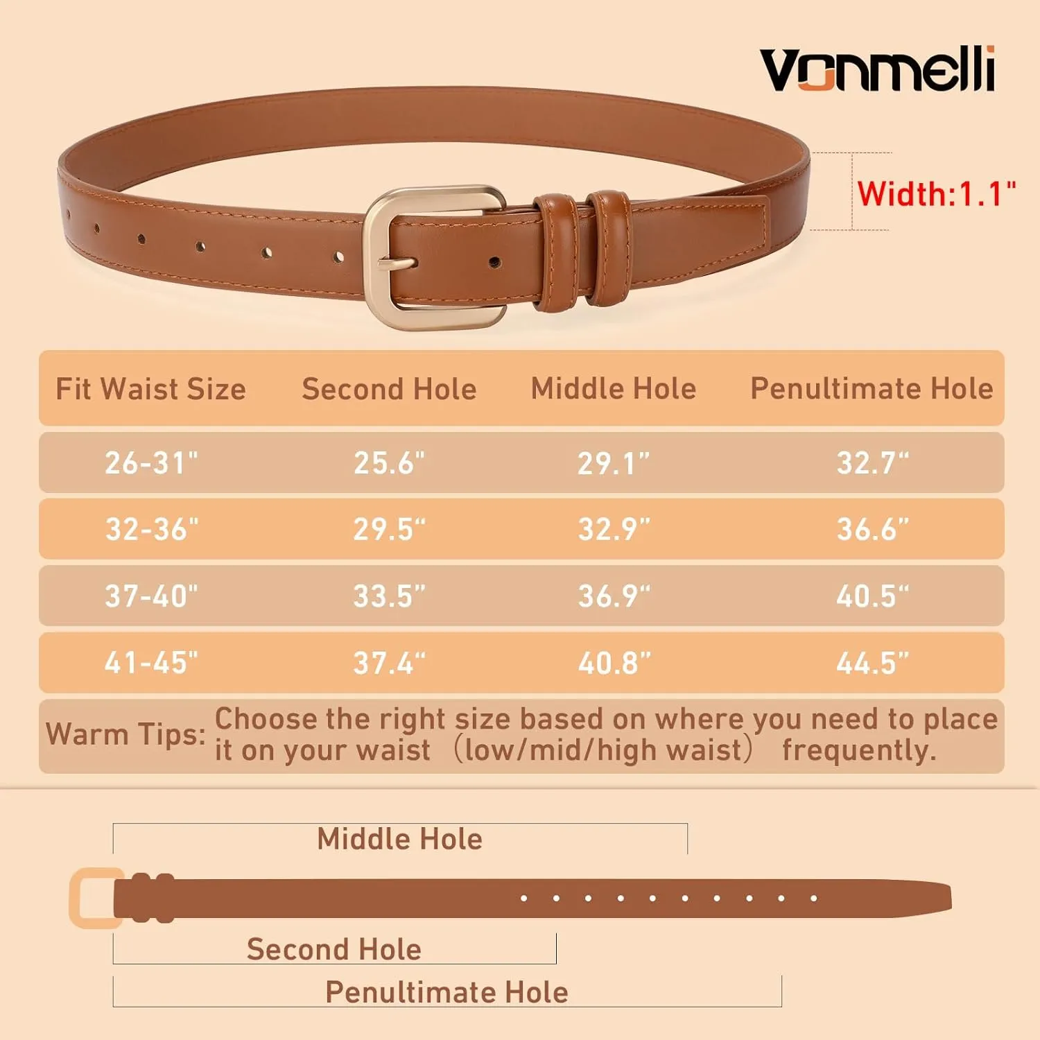 VONMELLI Leather Belts for Women Fashion Wasit Ladies Belt for Jeans Pants Dresses with Pin Buckle