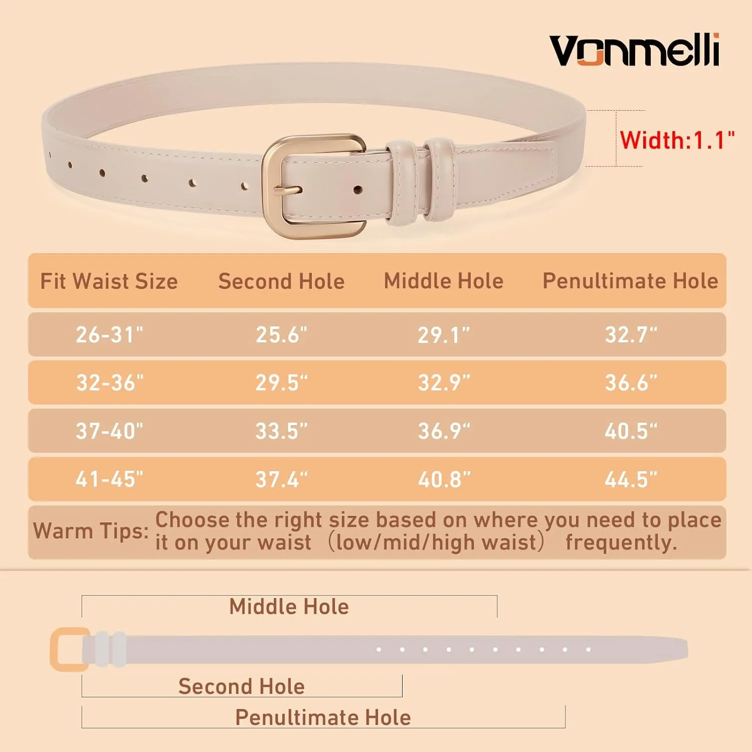 VONMELLI Leather Belts for Women Fashion Wasit Ladies Belt for Jeans Pants Dresses with Pin Buckle
