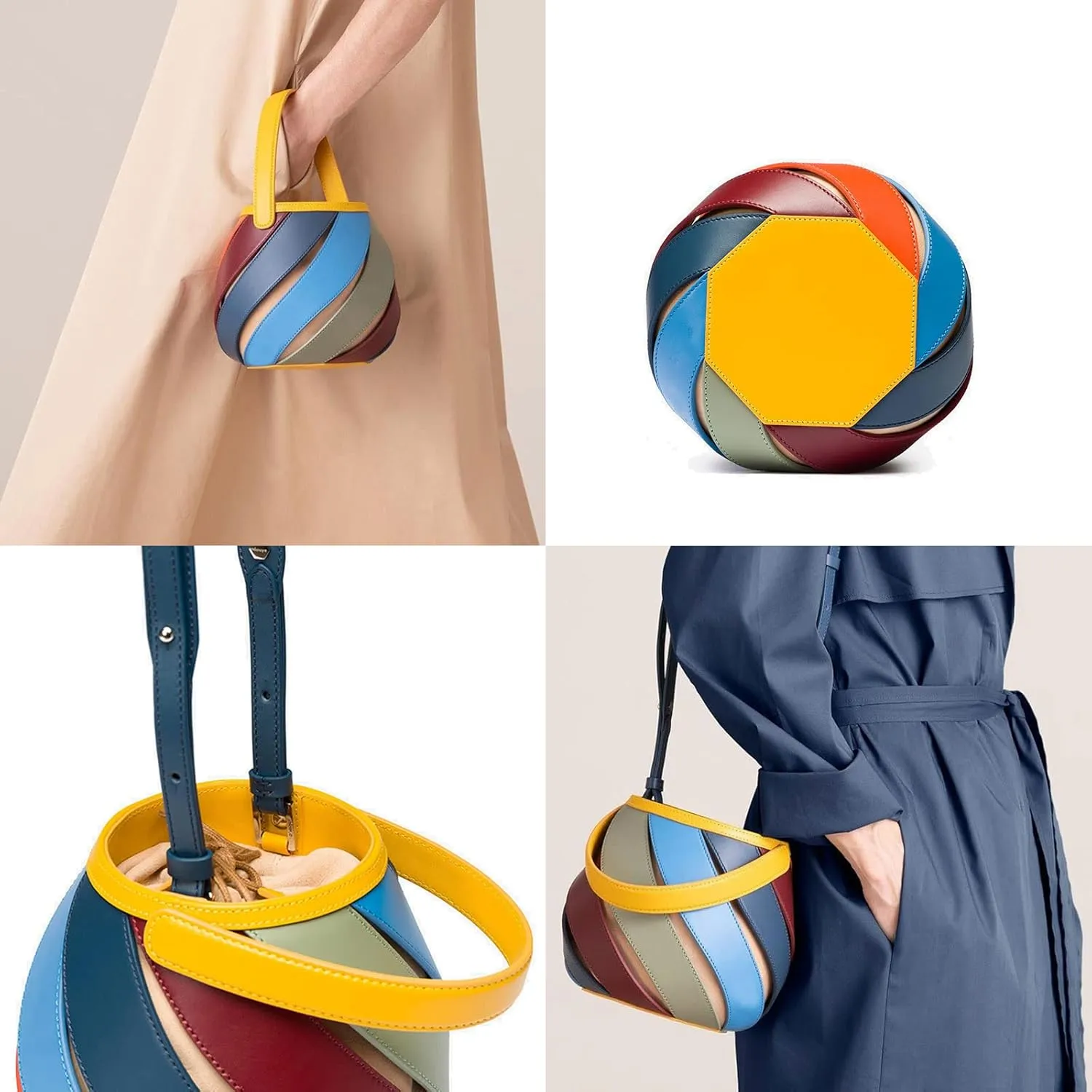 VULORA Cylindrical Color Contrast Hand Messenger Bag Small Trkiye Single Shoulder Women's Bag Ribbed Splicing Bucket Bag
