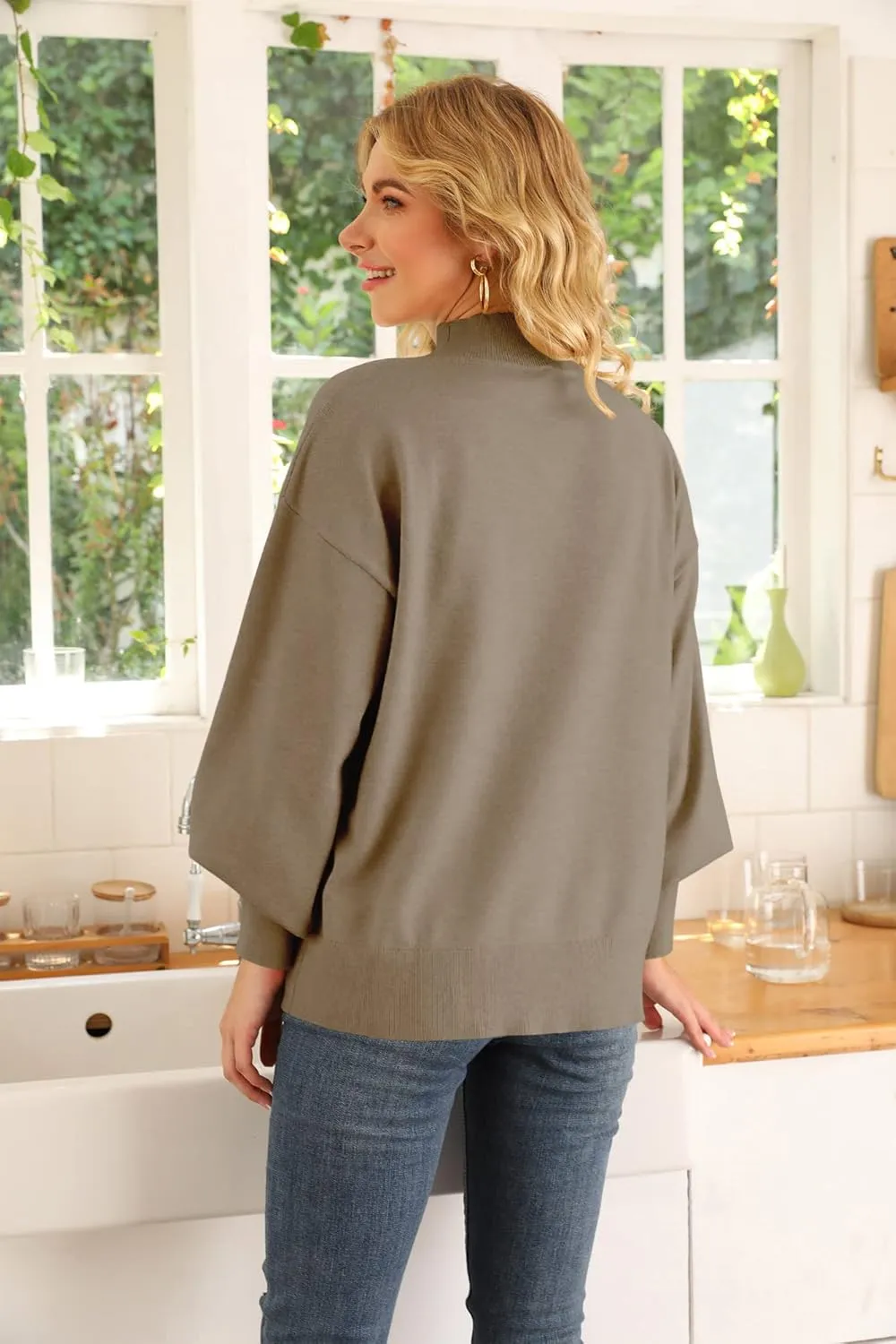 WEACZZY Women's 2025 Fall Fashion Casual Sweaters Mock Neck Long Lantern Sleeve Lightweight Knit Pullover Sweater Tops