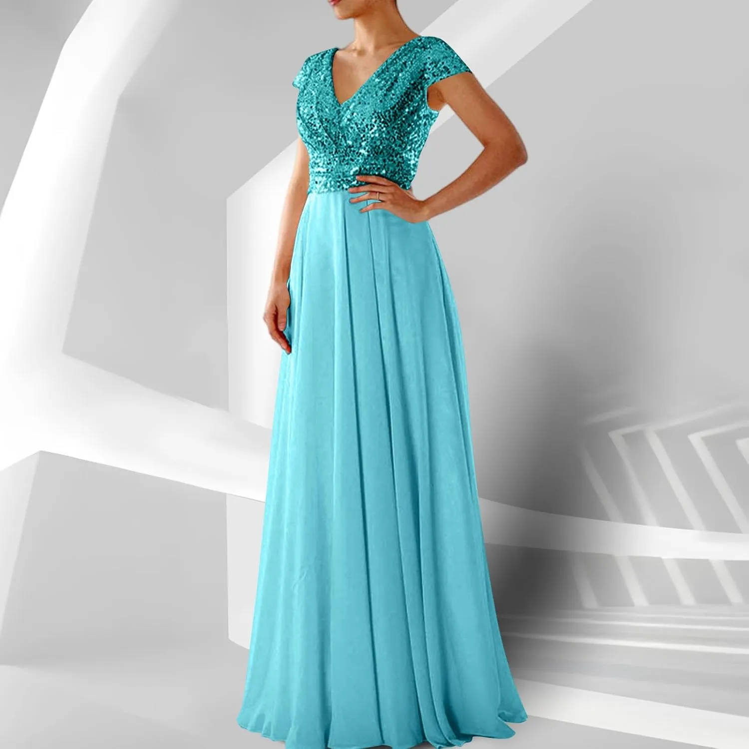 Wedding Guest Dresses for Women Glitter Sequin Long Formal Evening Gown V Neck Cap Sleeve High Waist Chiffon Maxi Dress