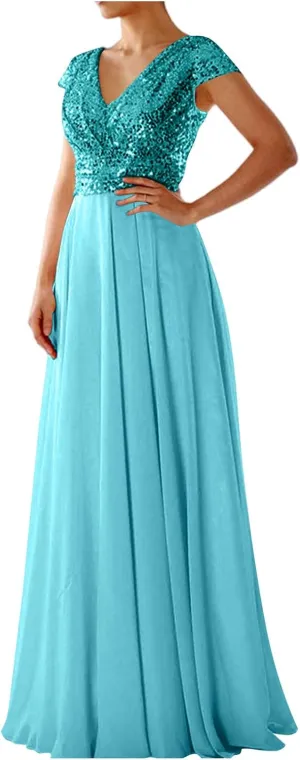 Wedding Guest Dresses for Women Glitter Sequin Long Formal Evening Gown V Neck Cap Sleeve High Waist Chiffon Maxi Dress
