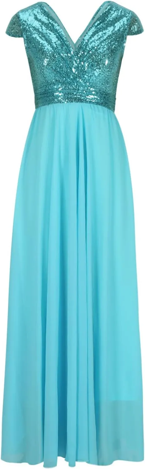 Wedding Guest Dresses for Women Glitter Sequin Long Formal Evening Gown V Neck Cap Sleeve High Waist Chiffon Maxi Dress