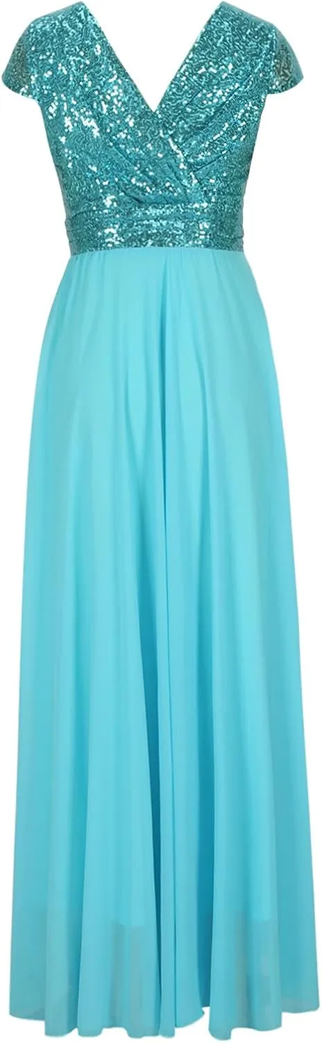Wedding Guest Dresses for Women Glitter Sequin Long Formal Evening Gown V Neck Cap Sleeve High Waist Chiffon Maxi Dress