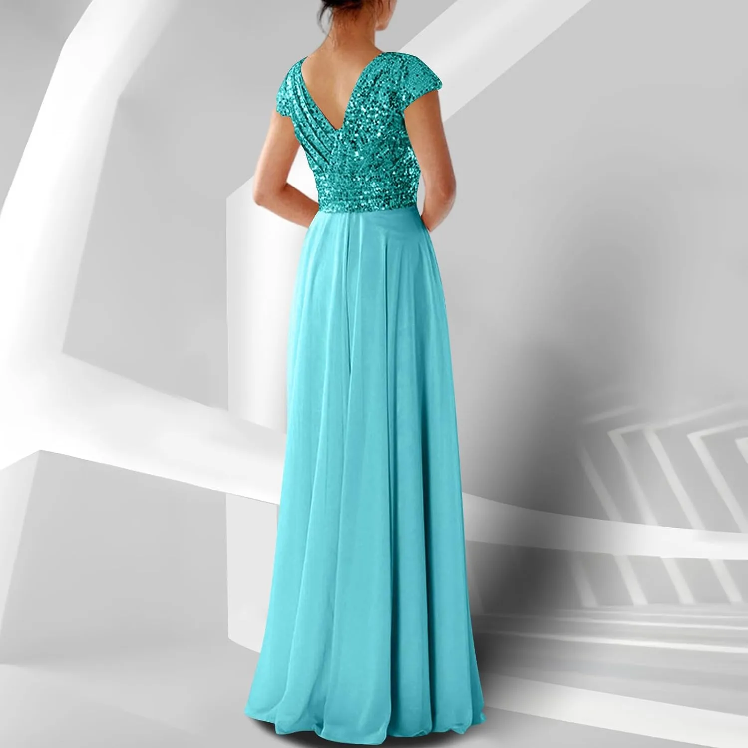 Wedding Guest Dresses for Women Glitter Sequin Long Formal Evening Gown V Neck Cap Sleeve High Waist Chiffon Maxi Dress
