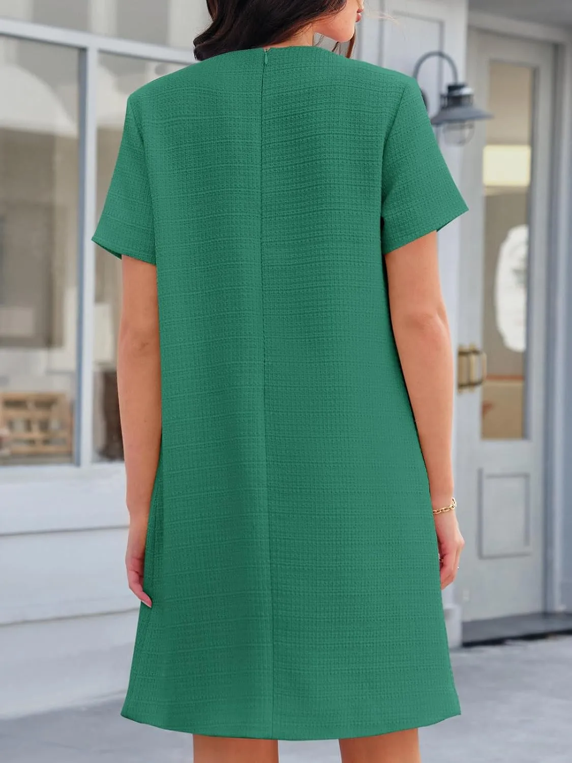 Wenrine Women's Tweed Mini Dress Short Sleeve Crew Neck Work Office Elagant Formal Summer A Line Dresses