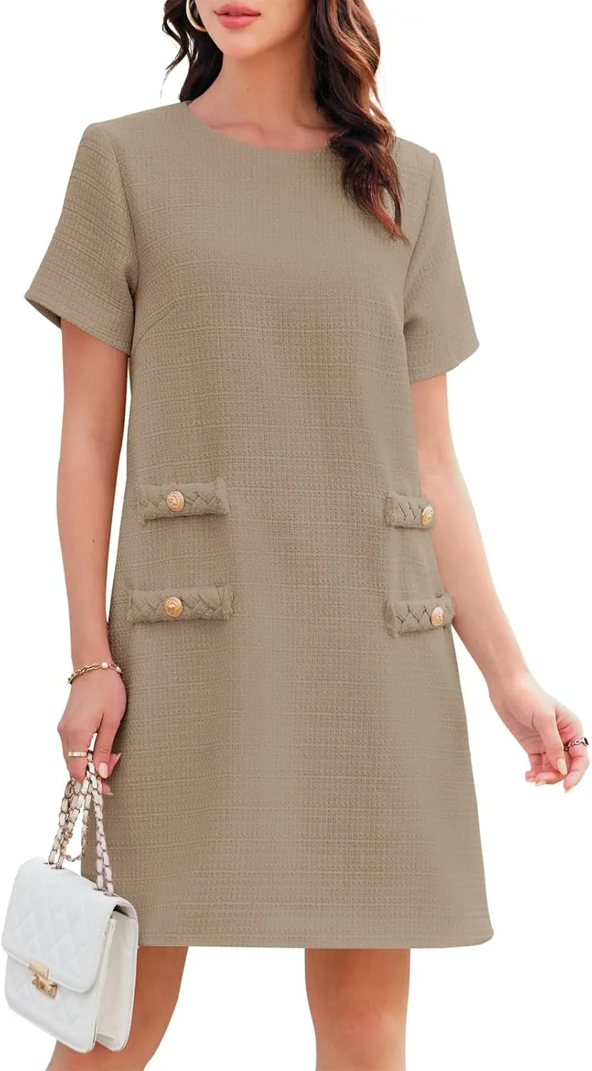 Wenrine Women's Tweed Mini Dress Short Sleeve Crew Neck Work Office Elagant Formal Summer A Line Dresses