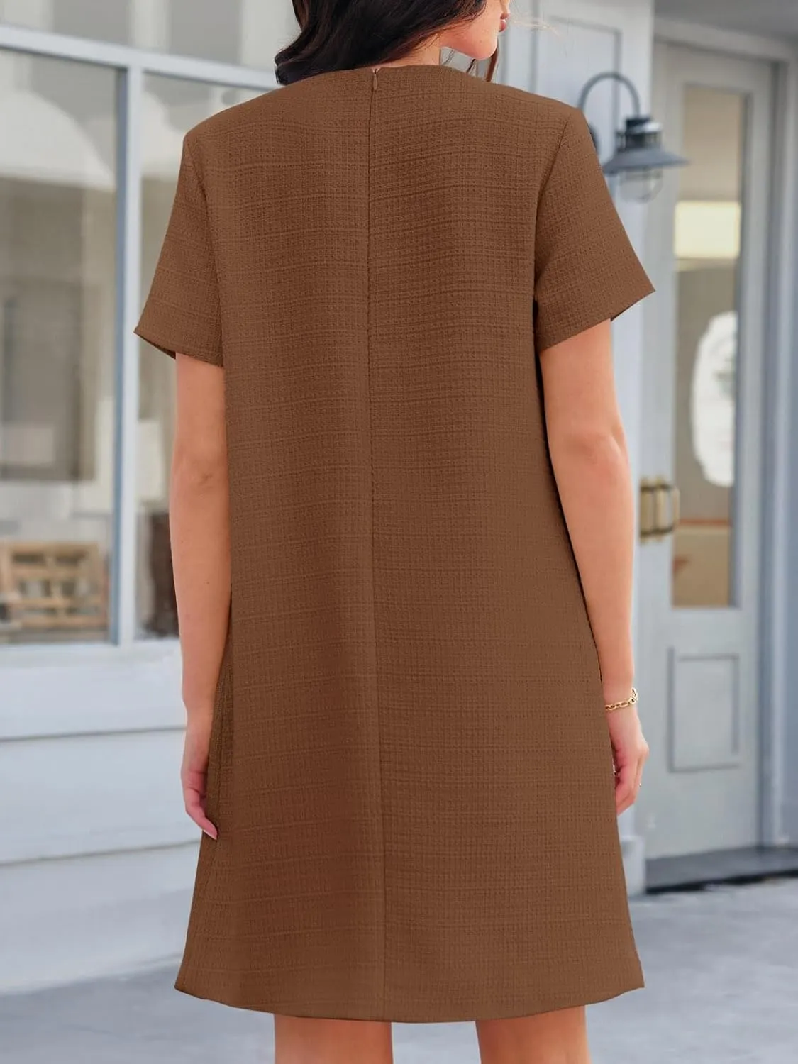 Wenrine Women's Tweed Mini Dress Short Sleeve Crew Neck Work Office Elagant Formal Summer A Line Dresses