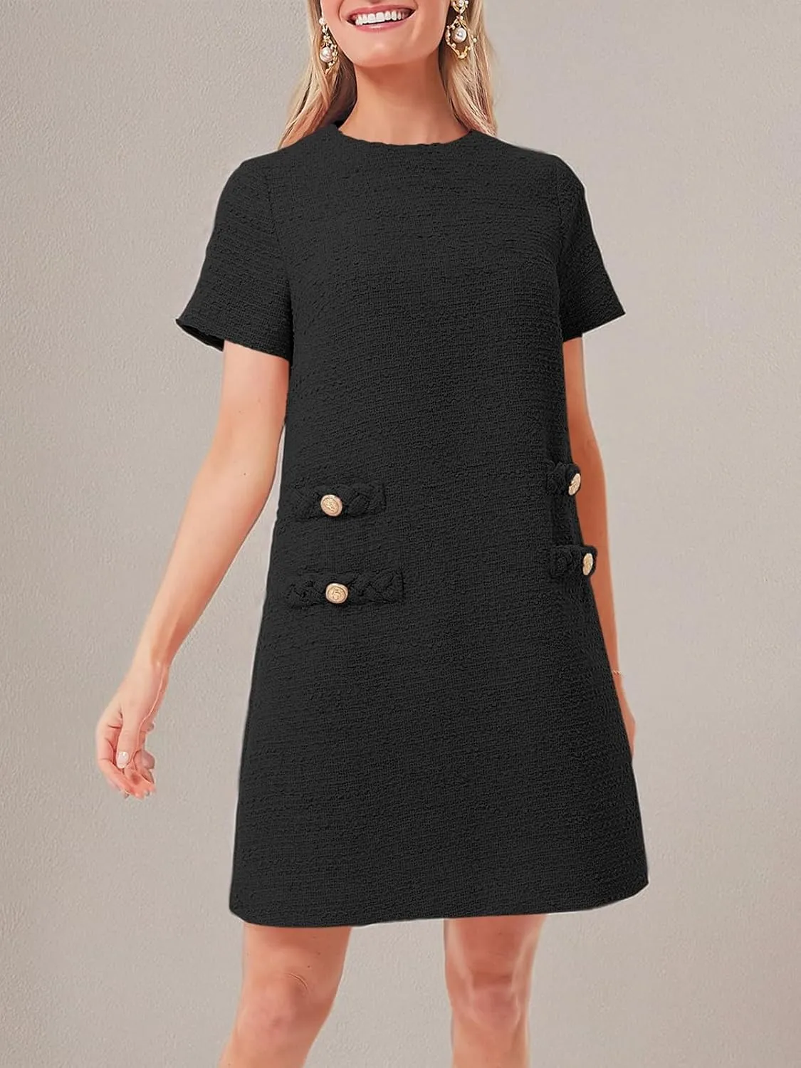 Wenrine Women's Tweed Mini Dress Short Sleeve Crew Neck Work Office Elagant Formal Summer A Line Dresses