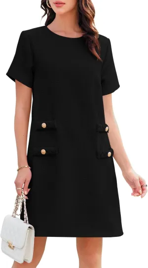 Wenrine Women's Tweed Mini Dress Short Sleeve Crew Neck Work Office Elagant Formal Summer A Line Dresses
