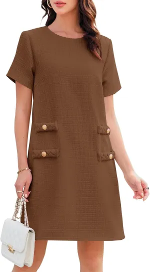 Wenrine Women's Tweed Mini Dress Short Sleeve Crew Neck Work Office Elagant Formal Summer A Line Dresses