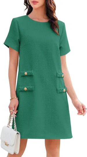 Wenrine Women's Tweed Mini Dress Short Sleeve Crew Neck Work Office Elagant Formal Summer A Line Dresses