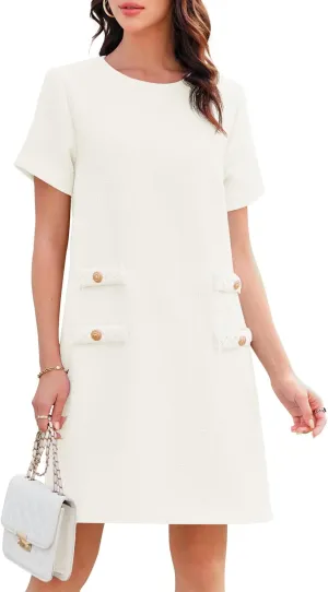 Wenrine Women's Tweed Mini Dress Short Sleeve Crew Neck Work Office Elagant Formal Summer A Line Dresses