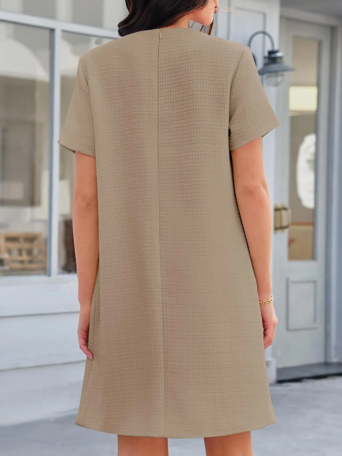 Wenrine Women's Tweed Mini Dress Short Sleeve Crew Neck Work Office Elagant Formal Summer A Line Dresses