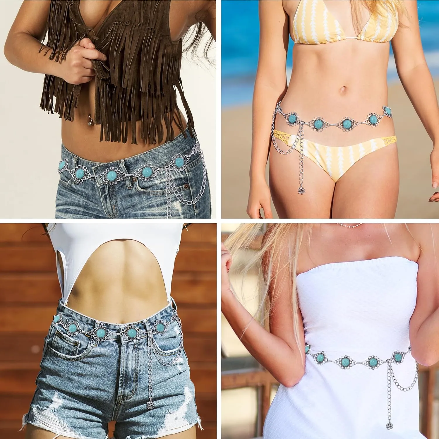 Western Concho Chain Belt Women Cowgirl Turquoise Boho Diamond Gems Metal Waist Chain Belt for Dresses Jeans