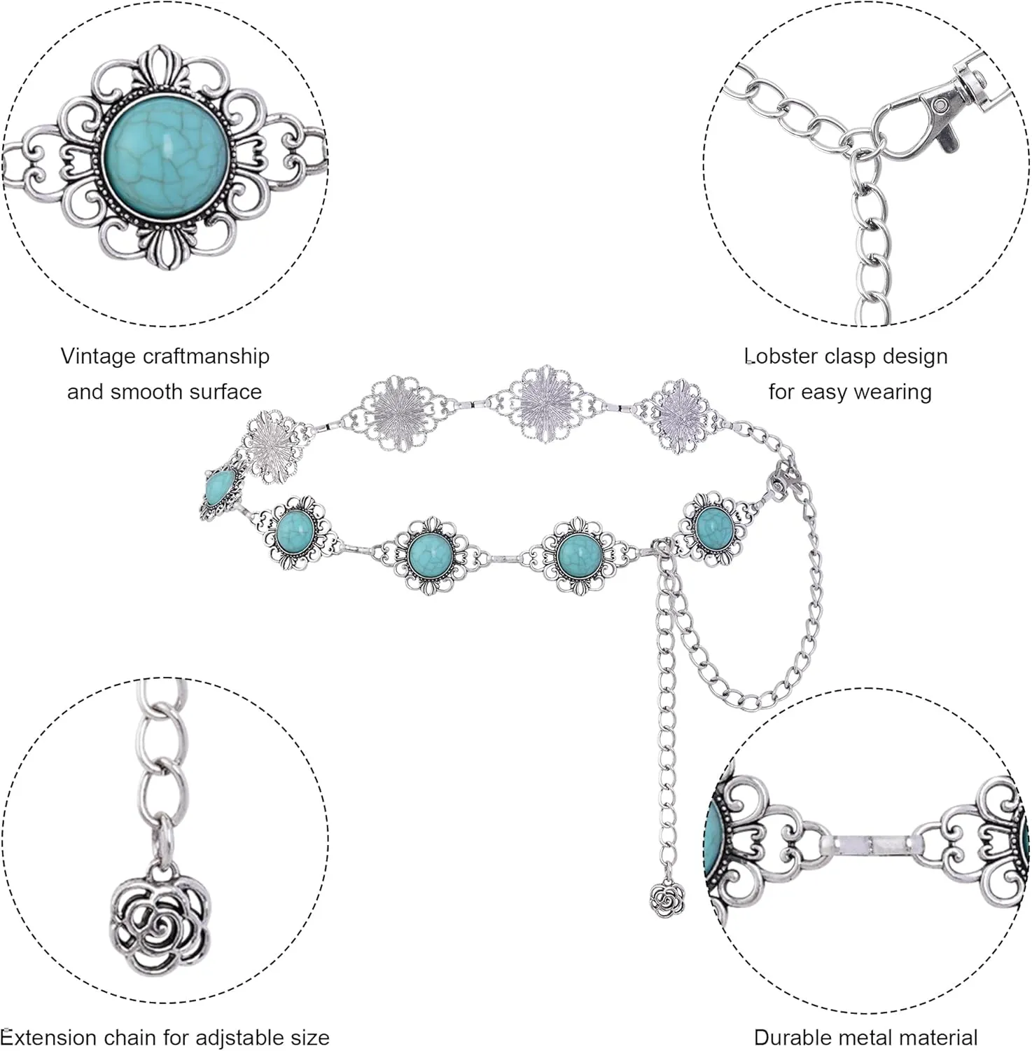 Western Concho Chain Belt Women Cowgirl Turquoise Boho Diamond Gems Metal Waist Chain Belt for Dresses Jeans