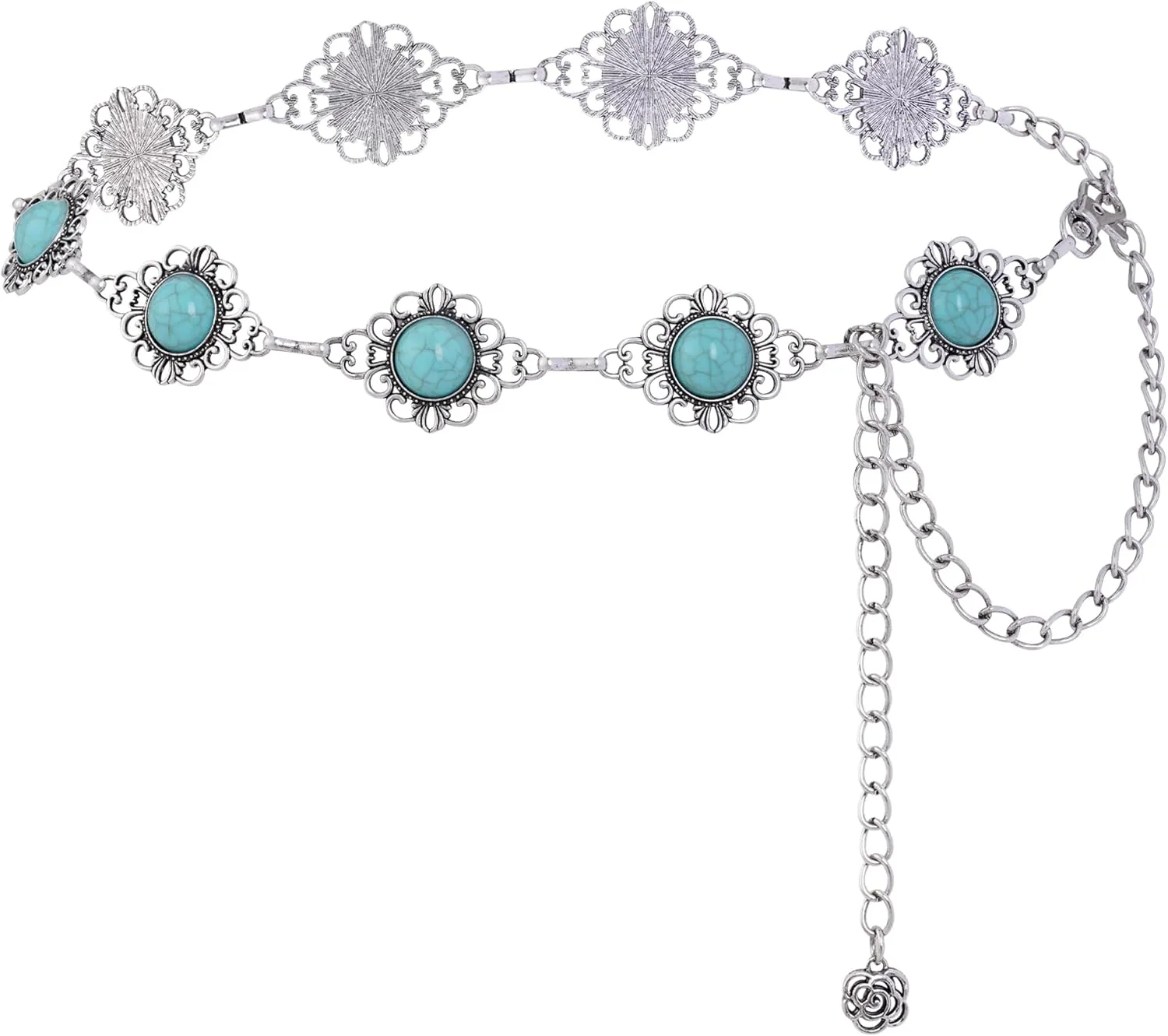 Western Concho Chain Belt Women Cowgirl Turquoise Boho Diamond Gems Metal Waist Chain Belt for Dresses Jeans
