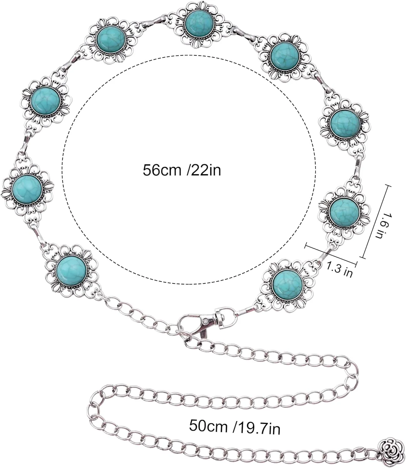 Western Concho Chain Belt Women Cowgirl Turquoise Boho Diamond Gems Metal Waist Chain Belt for Dresses Jeans