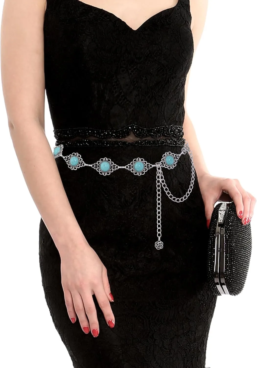 Western Concho Chain Belt Women Cowgirl Turquoise Boho Diamond Gems Metal Waist Chain Belt for Dresses Jeans