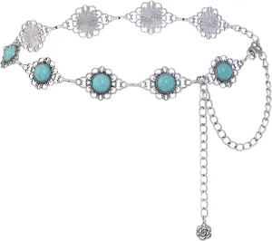 Western Concho Chain Belt Women Cowgirl Turquoise Boho Diamond Gems Metal Waist Chain Belt for Dresses Jeans