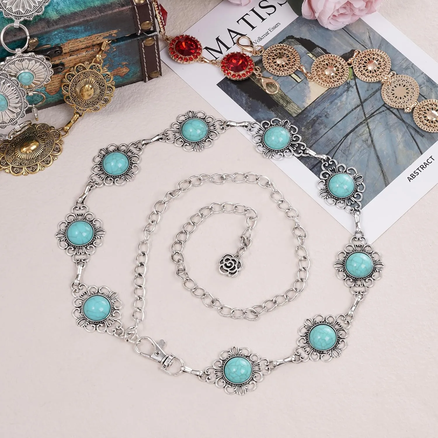 Western Concho Chain Belt Women Cowgirl Turquoise Boho Diamond Gems Metal Waist Chain Belt for Dresses Jeans