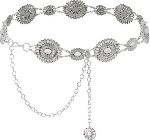 Western Metal Oval Concho Chain Belt for Women Cowgirl Turquoise Waist Chain Belt for Dresses Jeans Western