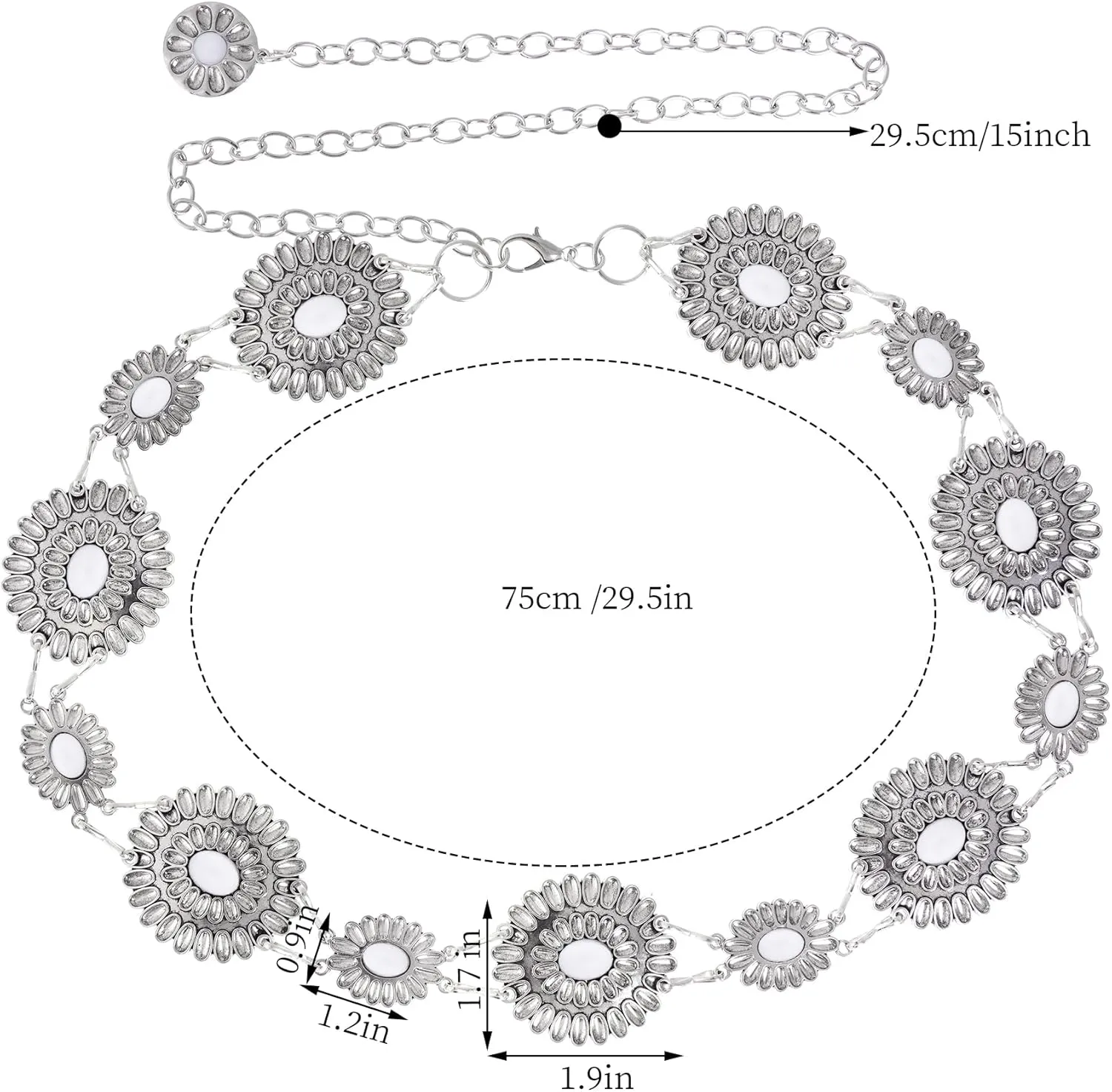 Western Metal Oval Concho Chain Belt for Women Cowgirl Turquoise Waist Chain Belt for Dresses Jeans Western