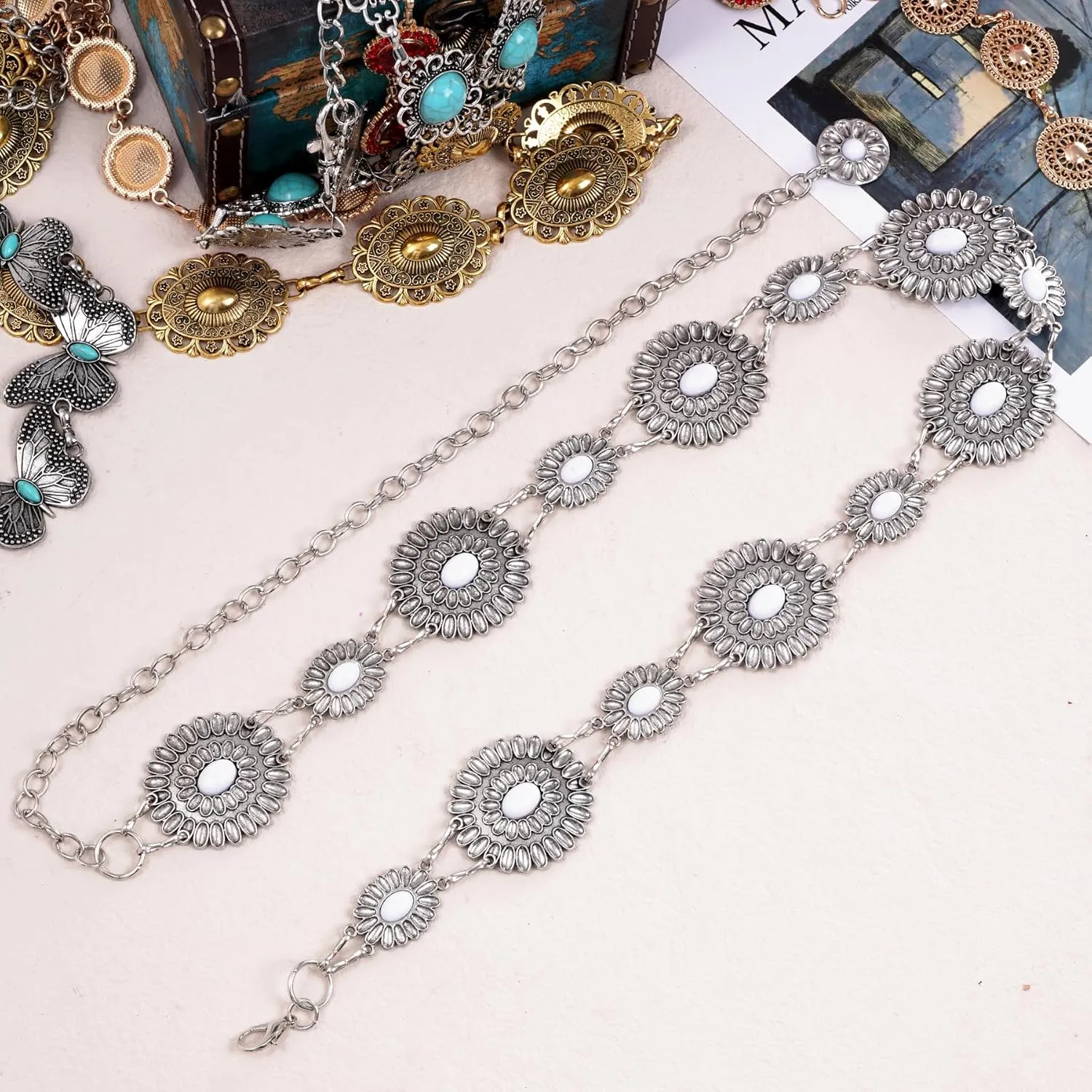 Western Metal Oval Concho Chain Belt for Women Cowgirl Turquoise Waist Chain Belt for Dresses Jeans Western