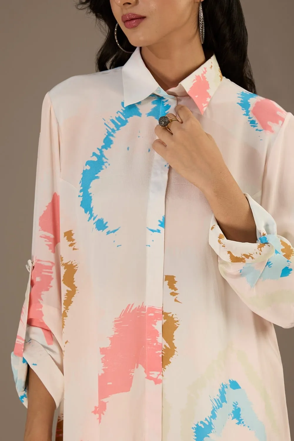 White Printed Roll-Up Sleeve Shirt Dress