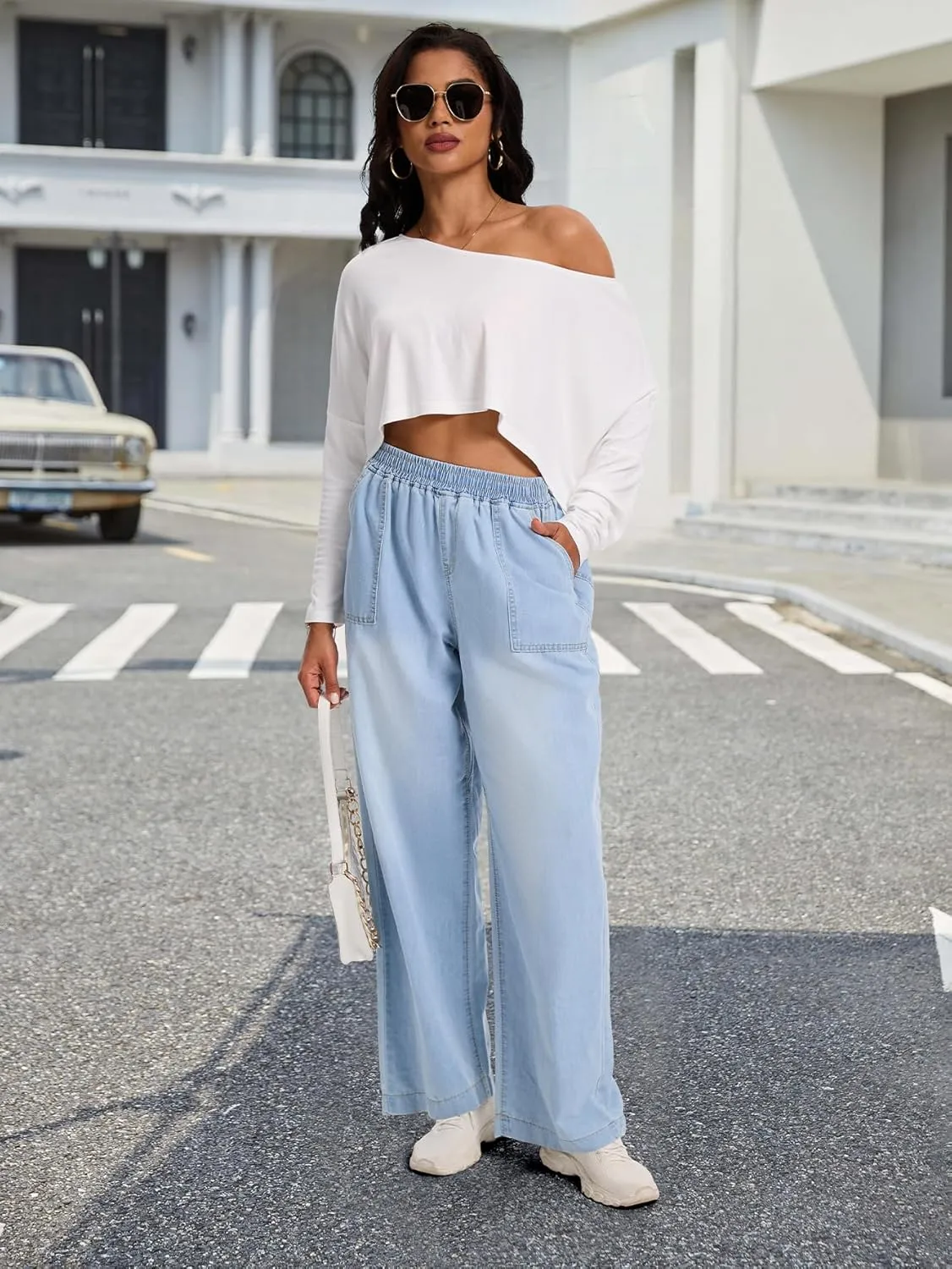 Wide Leg Elastic Waist Jeans for Women Trendy High Waist Stretchy Soft Drape Baggy Jeans Multi Pockets Womens Pants