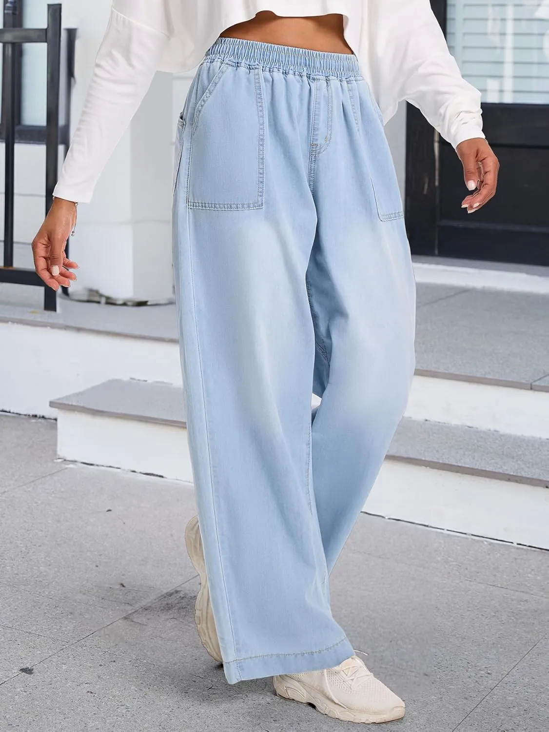 Wide Leg Elastic Waist Jeans for Women Trendy High Waist Stretchy Soft Drape Baggy Jeans Multi Pockets Womens Pants