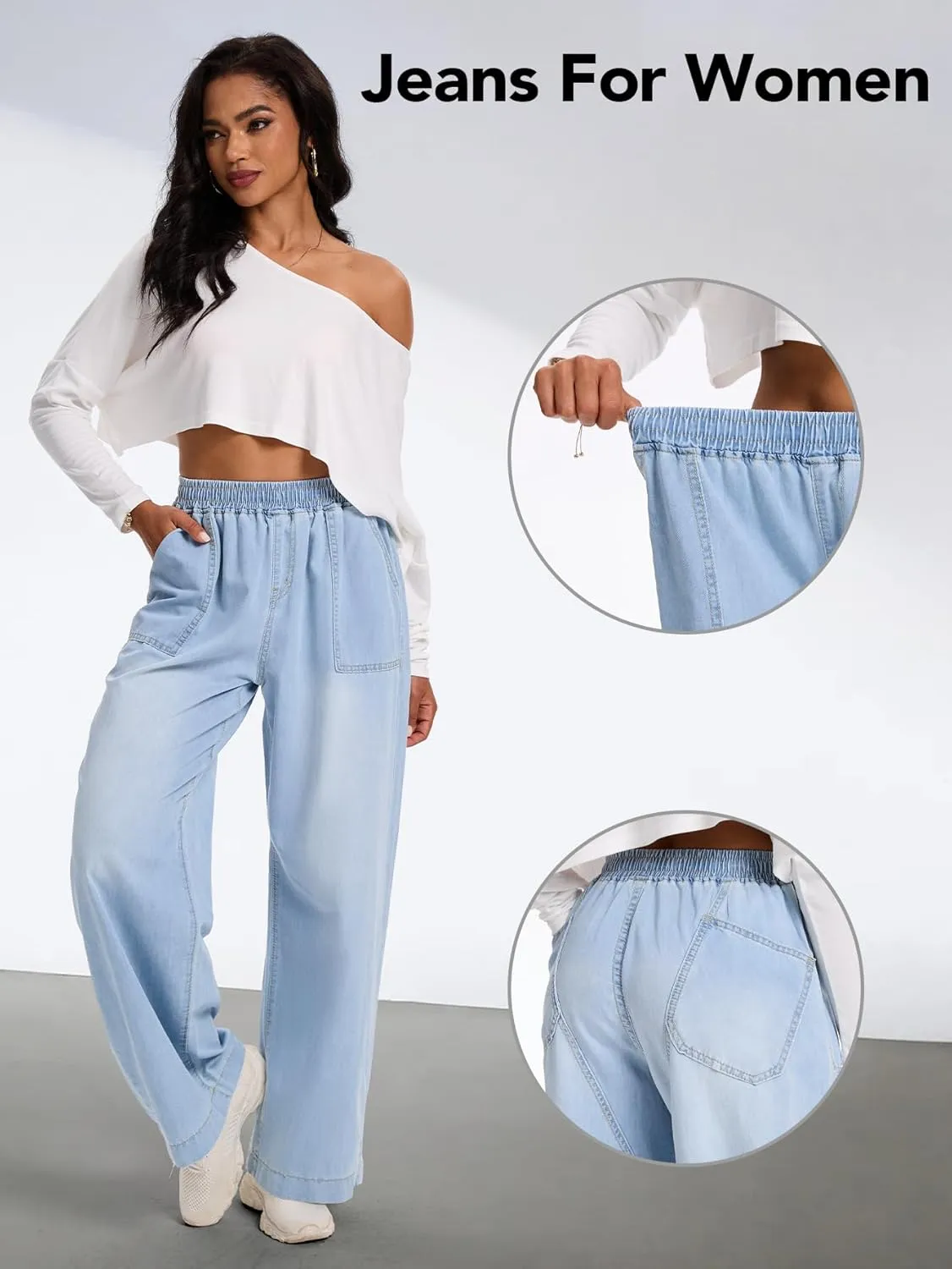 Wide Leg Elastic Waist Jeans for Women Trendy High Waist Stretchy Soft Drape Baggy Jeans Multi Pockets Womens Pants