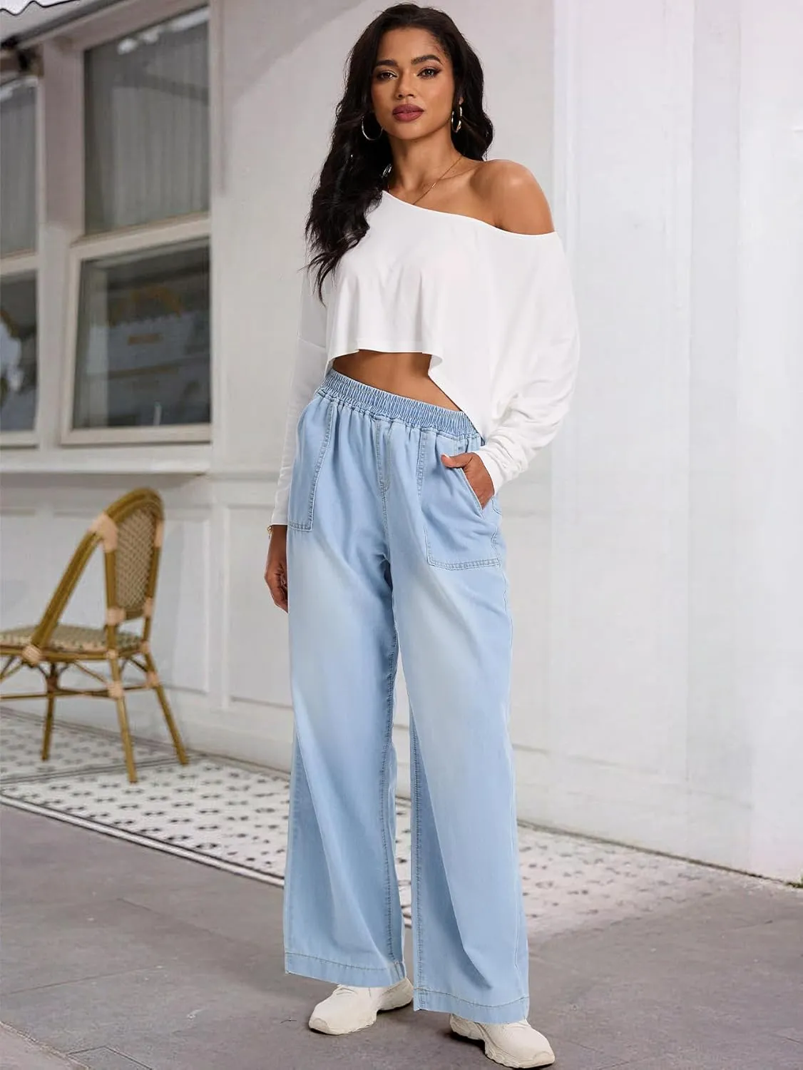 Wide Leg Elastic Waist Jeans for Women Trendy High Waist Stretchy Soft Drape Baggy Jeans Multi Pockets Womens Pants