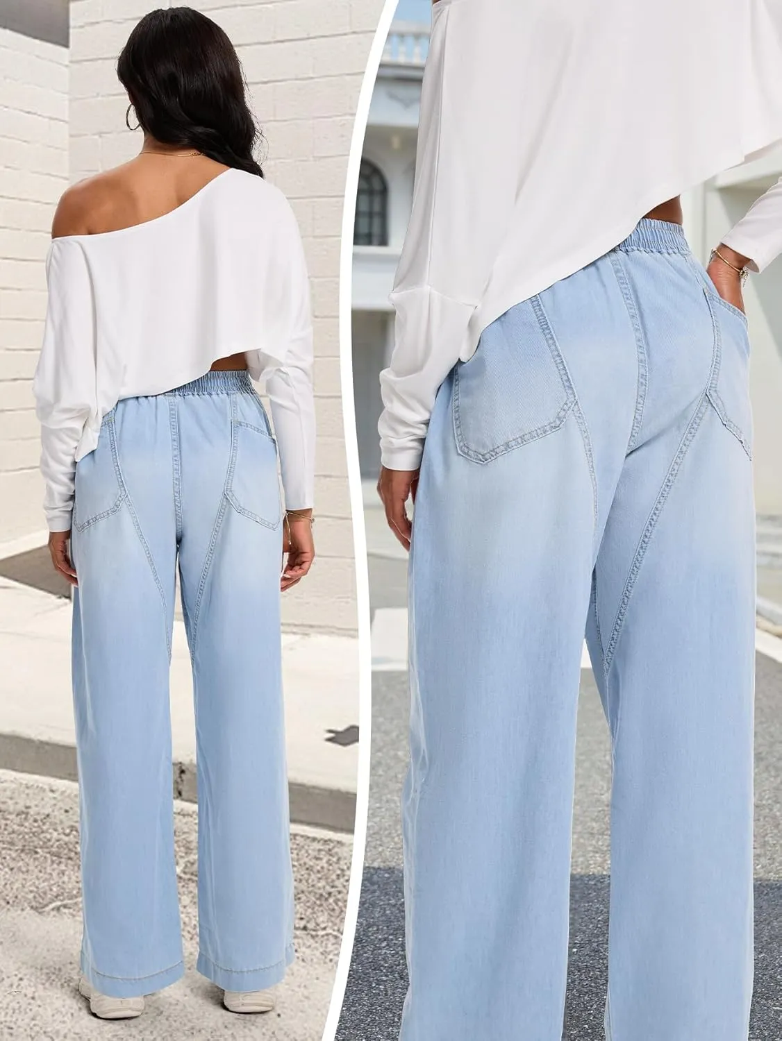 Wide Leg Elastic Waist Jeans for Women Trendy High Waist Stretchy Soft Drape Baggy Jeans Multi Pockets Womens Pants