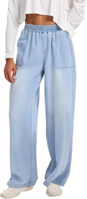 Wide Leg Elastic Waist Jeans for Women Trendy High Waist Stretchy Soft Drape Baggy Jeans Multi Pockets Womens Pants