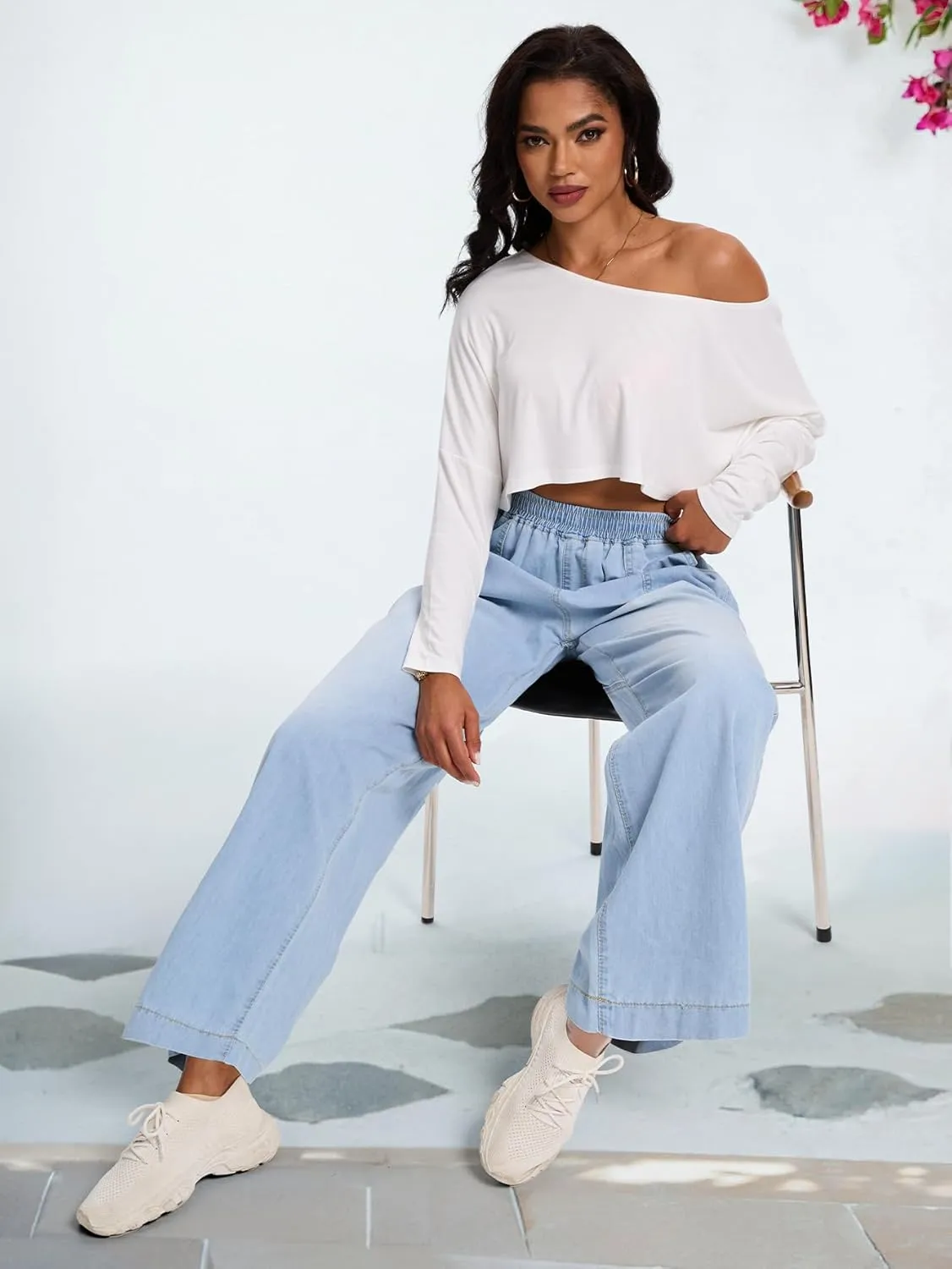 Wide Leg Elastic Waist Jeans for Women Trendy High Waist Stretchy Soft Drape Baggy Jeans Multi Pockets Womens Pants