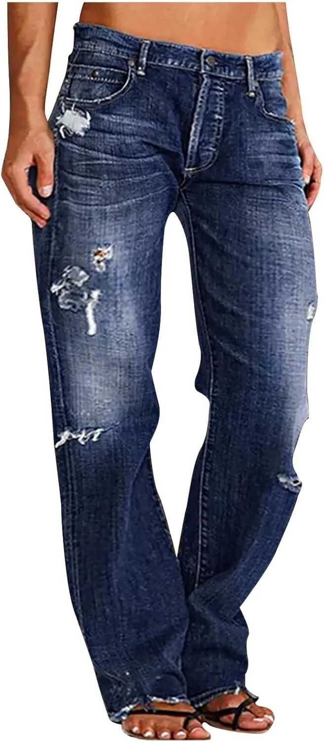 Wide Leg Jeans Woman Distressed Straight Leg Jeans Low Rise Ripped Jeans Baggy Jeans Boyfriend Denim Pants