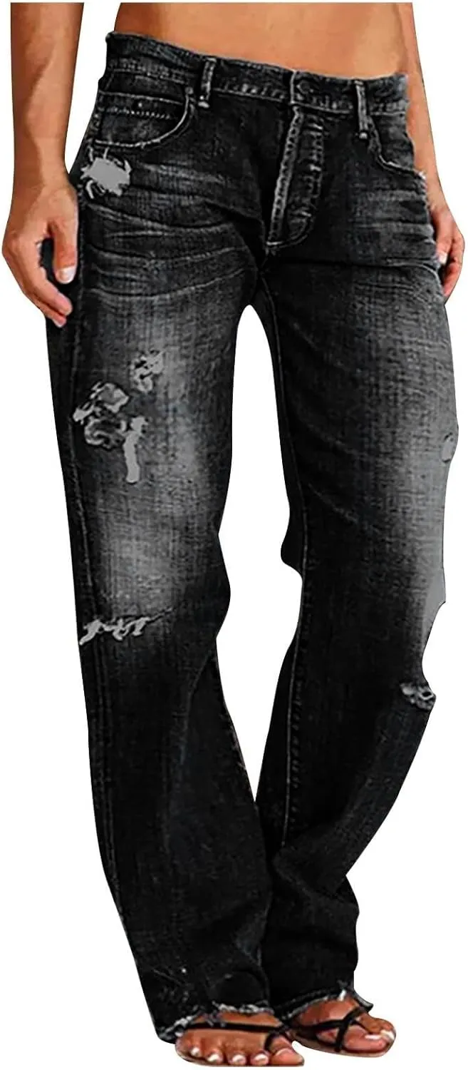 Wide Leg Jeans Woman Distressed Straight Leg Jeans Low Rise Ripped Jeans Baggy Jeans Boyfriend Denim Pants
