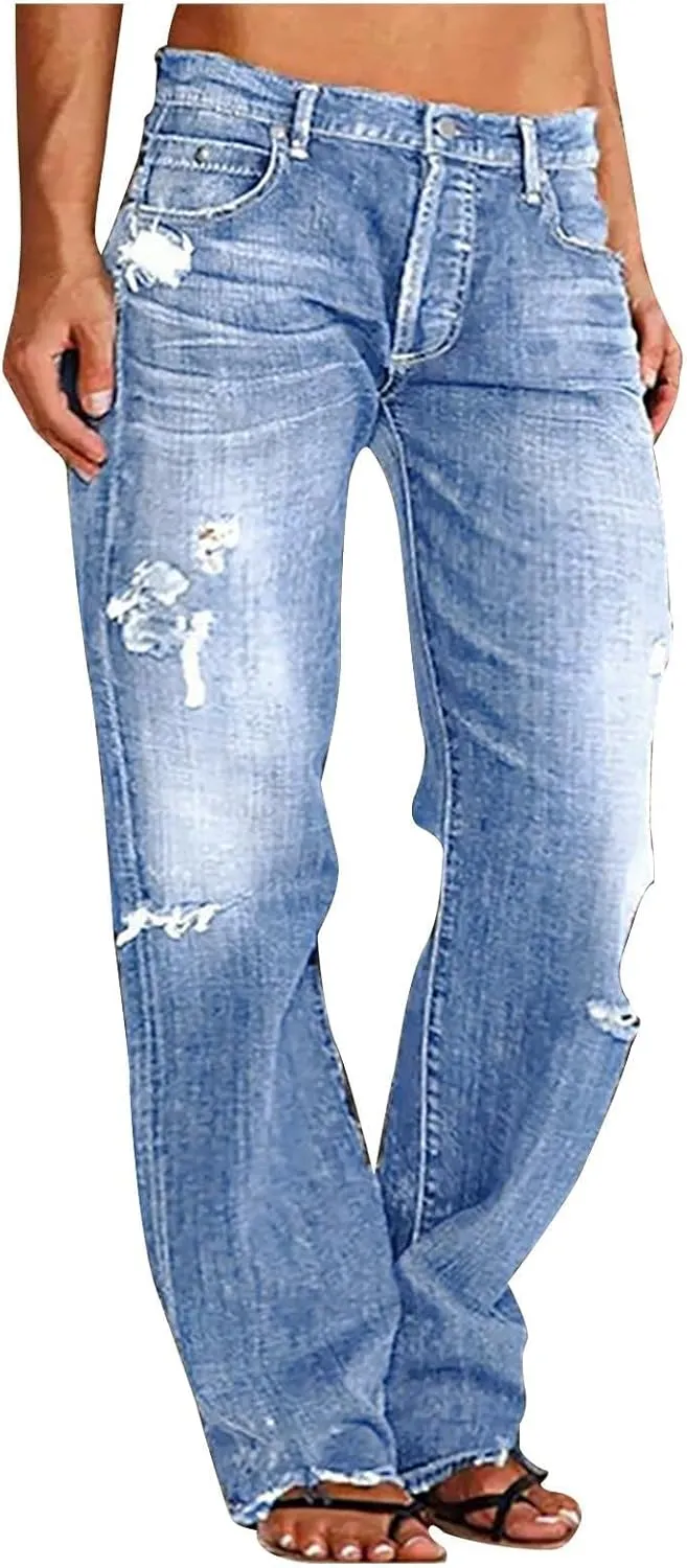 Wide Leg Jeans Woman Distressed Straight Leg Jeans Low Rise Ripped Jeans Baggy Jeans Boyfriend Denim Pants