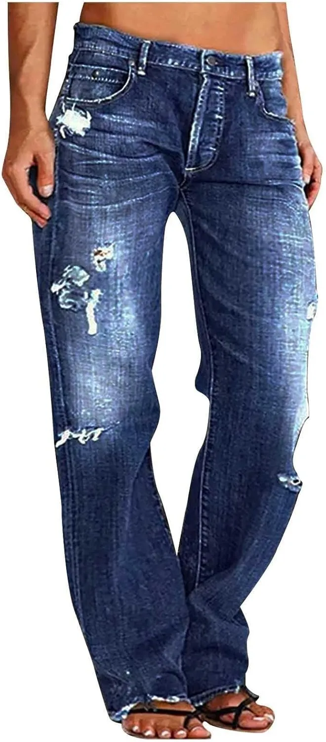 Wide Leg Jeans Woman Distressed Straight Leg Jeans Low Rise Ripped Jeans Baggy Jeans Boyfriend Denim Pants