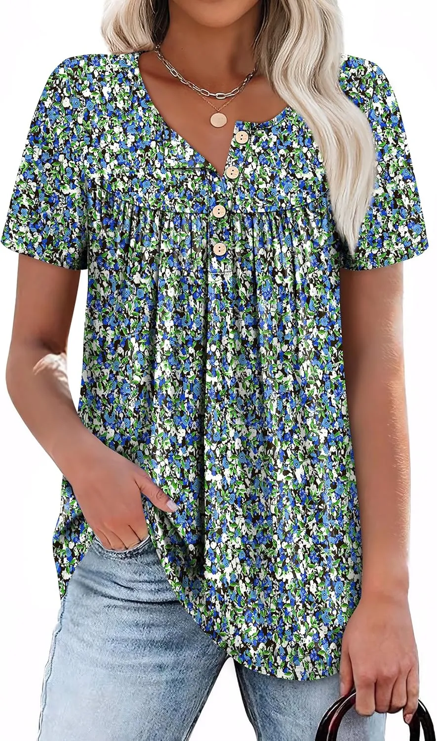 WIHOLL Womens Summer Tunic Tops Button Down Shirts Short Sleeve T-shirts Beach Vacation Clothes Spring S-3XL